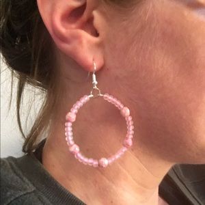 Handmade pink dangle hoop earrings